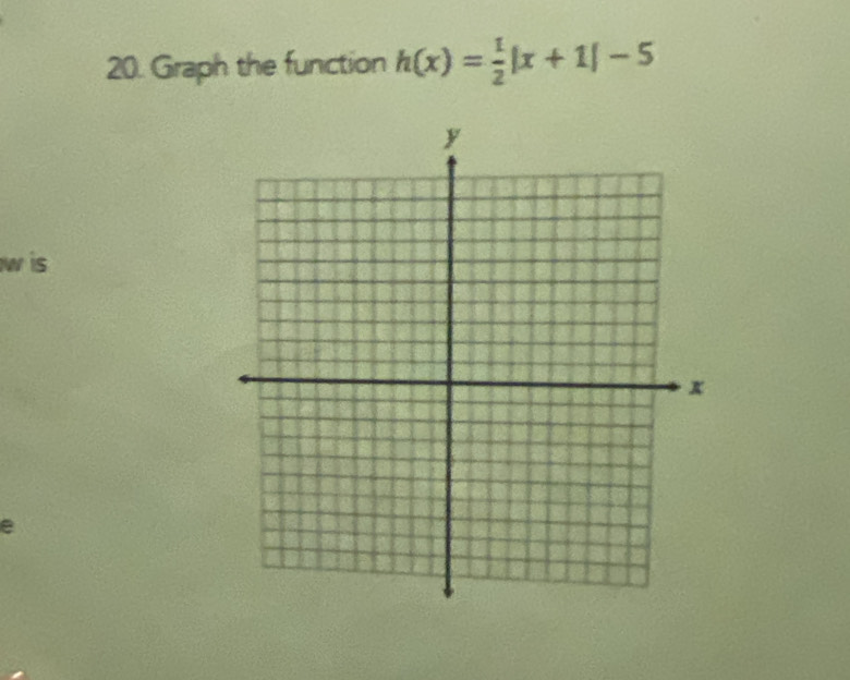 Graph the function h(x)= 1/2 |x+1|-5
w is 
e