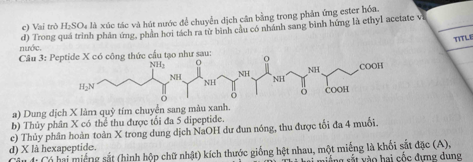 c) Vai trò H_2SO_4 là xúc tác và hút nước để chuyển dịch cân bằng trong phản ứng ester hóa.
d) Trong quá trình phản ứng, phần hơi tách ra từ bình cầu có nhánh sang bình hứng là ethyl acetate và
TITLE
nước.
Câu 3: P
a) Dung dịch X làm quỳ tím chuyền sang màu xanh.
b) Thủy phân X có thể thu được tối đa 5 dipeptide.
c) Thủy phân hoàn toàn X trong dung dịch NaOH dư đun nóng, thu được tối đa 4 muối.
d) X là hexapeptide.
: Có hại miếng sắt (hình hộp chữ nhật) kích thước giống hệt nhau, một miếng là khối sắt đặc (A),
sắng sắt vào hai cốc đựng dung