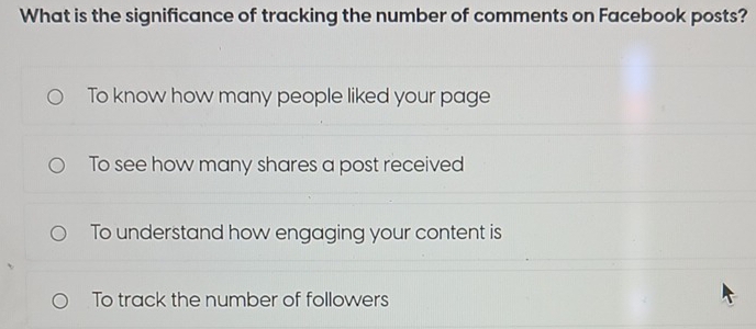 What is the significance of tracking the number of comments on Facebook posts?
To know how many people liked your page
To see how many shares a post received
To understand how engaging your content is
To track the number of followers