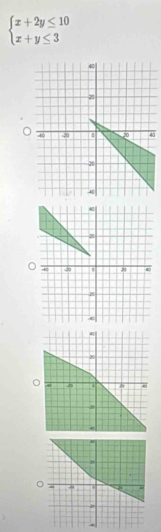 beginarrayl x+2y≤ 10 x+y≤ 3endarray.