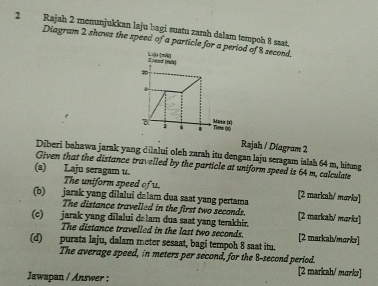 Rajah 2 menunjukkan laju bagi suatu zarah dalam tempoh 8 ssat, 
Diagram 2 shows the speed of a particle for a perlod of 8 second. 
Loju (ovig) Spead (mi) 
B Mesz ( 
B Time (0 
Rajah / Diagram 2 
Diberi bahawa jarak yang dilalui oleh zarah itu dengan laju seragam ialah 64 m, hitung 
Given that the distance travelled by the particle at uniform speed is 64 m, calculate 
(a) Laju seragam u. 
The uniform speed of u. [2 markah/ mɑrks] 
(b) jarak yang dilalui dalar dua saat yang pertama 
The distance travelled in the first two seconds. 
(c) jarak yang dilalui delam dua saat yang terakhir. [2 markah/ marks] 
The distance travelled in the last two seconds. [2 markah/marks] 
(d) purata laju, dalam meter sesaat, bagi tempoh 8 saat itu. 
The average speed, in meters per second, for the 8-second period. 
Jawapan / Answer : 
[2 markah/ marks]