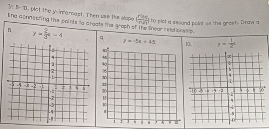 In 8-10, plot the y-intercept. Then use the slope ( rise/run ) to plot a second point on the graph. Draw a 
line connecting the points to create the graph of the linear relationship. 
8. y= 2/3 x-4
9. y=-5x+45 10. y=- 1/2 x