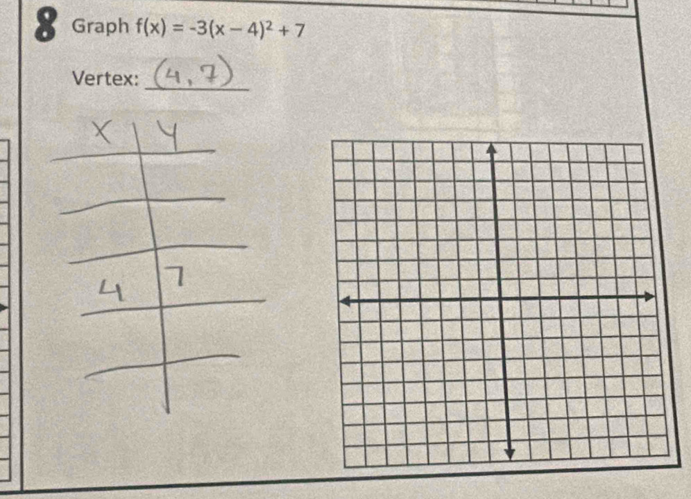 Graph f(x)=-3(x-4)^2+7
Vertex: 
_