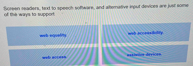 Screen readers, text to speech software, and alternative input devices are just some
of the ways to support
web equality. web accessibility.
web access. assistive devices.