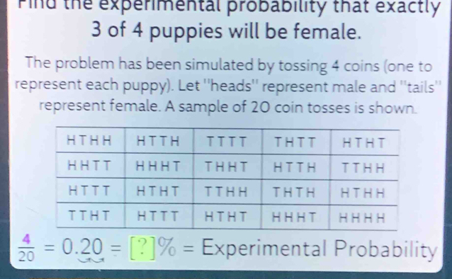 Solved: Find the experimental probability that exactly 3 of 4 puppies ...