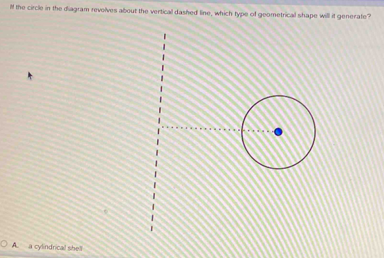 If the circle in the diagram revolves about the vertical dashed line, which type of geometrical shape will it generate?
A. a cylindrical shell