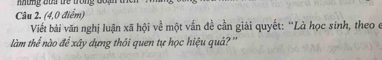 nhtng đua tre trong đoạn the 
Câu 2. (4,0 điểm) 
Viết bài văn nghị luận xã hội về một vấn đề cần giải quyết: “Là học sinh, theo e 
làm thế nào để xây dựng thói quen tự học hiệu quả? ''