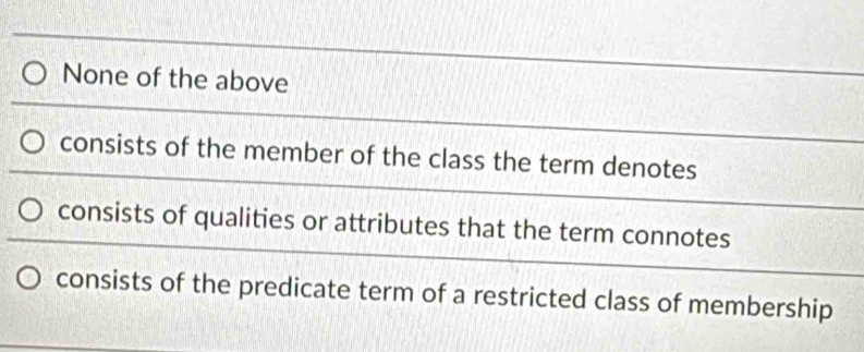 None of the above
consists of the member of the class the term denotes
consists of qualities or attributes that the term connotes
consists of the predicate term of a restricted class of membership