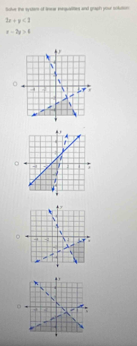 Solve the system of linear inequalities and graph your solution:
2x+y<2</tex>
x-2y>6