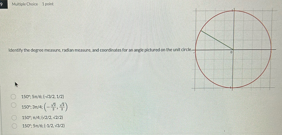 Identify the degree measure, radian measure, and coordinates for an angle pictured on the unit circ
150°; 5π /6; (-sqrt(3)/2,1/2)
150°; 3π /4; (- sqrt(2)/2 , sqrt(2)/2 )
150°; π /4; (sqrt(2)/2,sqrt(2)/2)
150°; 5π /6; (-1/2,sqrt(3)/2)