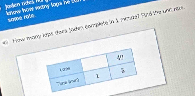 Jaden rides (13 
know how many laps he cull 
same rate. 
How many laps does Jaden complete in 1 minute? Find the unit rate