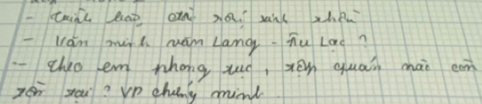 tainl lap axn xa. san( when 
lán mih ruán Langhu Lao? 
-theo em phong uó, xéu quán mào eon 
zén sau? Vn chang mid