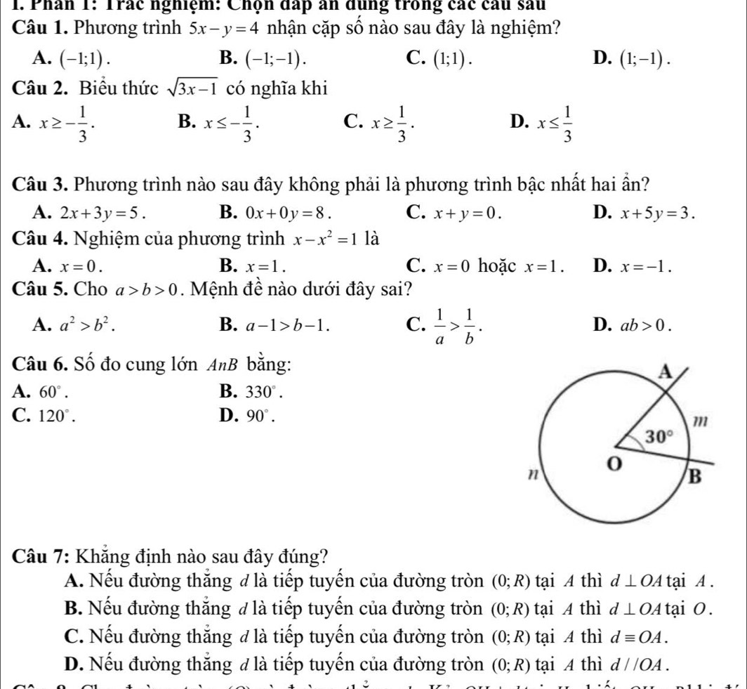 Phân 1: Trắc nghiệm: Chộn đấp ăn dùng trong các cầu sau
Câu 1. Phương trình 5x-y=4 nhận cặp số nào sau đây là nghiệm?
A. (-1;1). B. (-1;-1). C. (1;1). D. (1;-1).
Câu 2. Biểu thức sqrt(3x-1) có nghĩa khi
A. x≥ - 1/3 . x≤ - 1/3 . x≥  1/3 . x≤  1/3 
B.
C.
D.
Câu 3. Phương trình nào sau đây không phải là phương trình bậc nhất hai ần?
A. 2x+3y=5. B. 0x+0y=8. C. x+y=0. D. x+5y=3.
Câu 4. Nghiệm của phương trình x-x^2=1 là
A. x=0. B. x=1. C. x=0 hoặc x=1. D. x=-1.
Câu 5. Cho a>b>0. Mệnh đề nào dưới đây sai?
D.
A. a^2>b^2. B. a-1>b-1. C.  1/a > 1/b . ab>0.
Câu 6. Số đo cung lớn AnB bằng:
B.
A. 60°. 330°.
C. 120°. D. 90°.
Câu 7: Khẳng định nào sau đây đúng?
A. Nếu đường thắng đ là tiếp tuyến của đường tròn (0;R) tại A thì d⊥ OA tại A .
B. Nếu đường thắng đ là tiếp tuyến của đường tròn (0;R) tại A thì d⊥ OA tại 0.
C. Nếu đường thắng đ là tiếp tuyến của đường tròn (0;R) tại A thì dequiv OA.
D. Nếu đường thắng đ là tiếp tuyến của đường tròn (0;R) tại A thì d//OA.