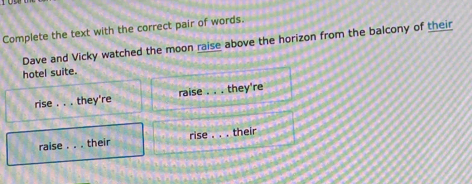 Complete the text with the correct pair of words. 
Dave and Vicky watched the moon raise above the horizon from the balcony of their 
hotel suite. 
rise_ . they're raise _they're 
raise _ their rise_ their