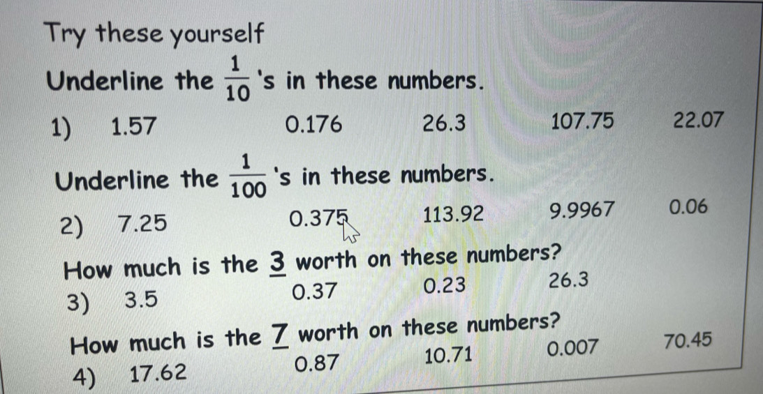 Try these yourself 
Underline the  1/10  's in these numbers. 
1) 1.57 0.176 26.3 107.75 22.07
Underline the  1/100  's in these numbers. 
2) 7.25 0.375 113.92 9.9967 0.06
How much is the 3 worth on these numbers? 
3) 3.5 0.37 0.23
26.3
How much is the Z worth on these numbers? 
4) 17.62 0.87 10.71 0.007 70.45