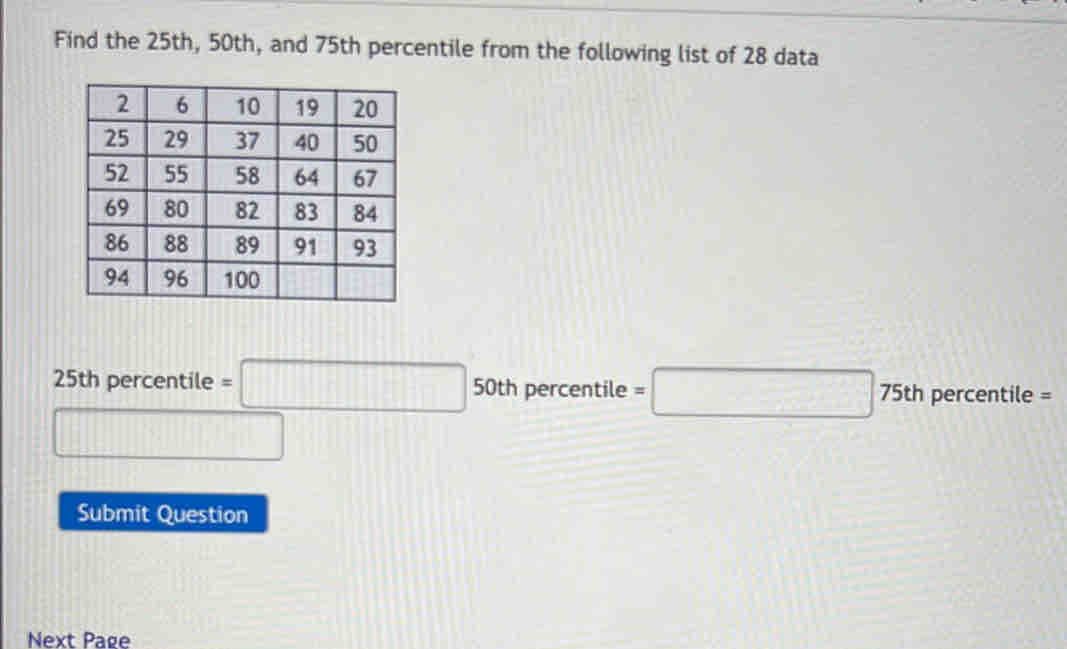 Find the 25th, 50th, and 75th percentile from the following list of 28 data
25th perce ntile =□ 50th percentile =□ 75thp = ercentile =
L
□ 
Submit Question 
Next Page