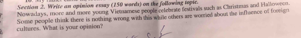 Write an opinion essay (150 words) on the following topic. 
Nowadays, more and more young Vietnamese people celebrate festivals such as Christmas and Halloween. 
Some people think there is nothing wrong with this while others are worried about the influence of foreign 
cultures. What is your opinion?