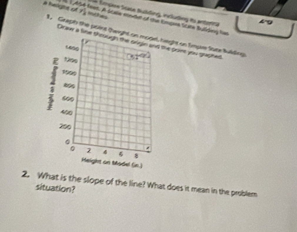 a heighs of 7 1/8  inches
Empne Stäte Butding, inluding its anterina 
1 404 tees. A same modet of the Empue Stm Bulding her
49
1. Graph the point theight on mopel, haght on imps Sare buidingy 
D 
Draw a line through the orgn and the port you goghed
1400
1200

800
600
200
0
。 2 4 8
Height on Model (in.) 
2. What is the slope of the line? What does it mean in the problem 
situation?