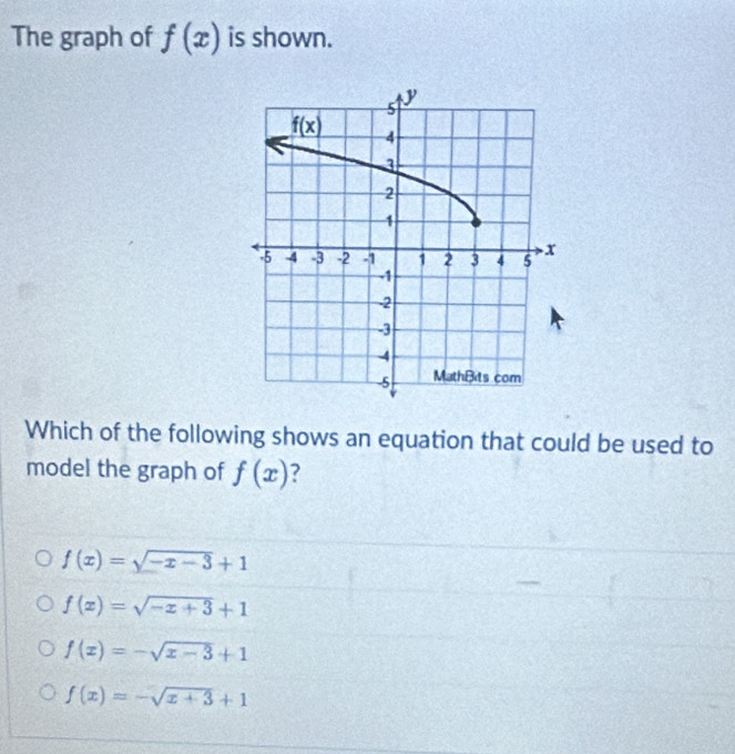 The graph of f(x) is shown.
Which of the following shows an equation that could be used to
model the graph of f(x) ?
f(x)=sqrt(-x-3)+1
f(x)=sqrt(-x+3)+1
f(x)=-sqrt(x-3)+1
f(x)=-sqrt(x+3)+1