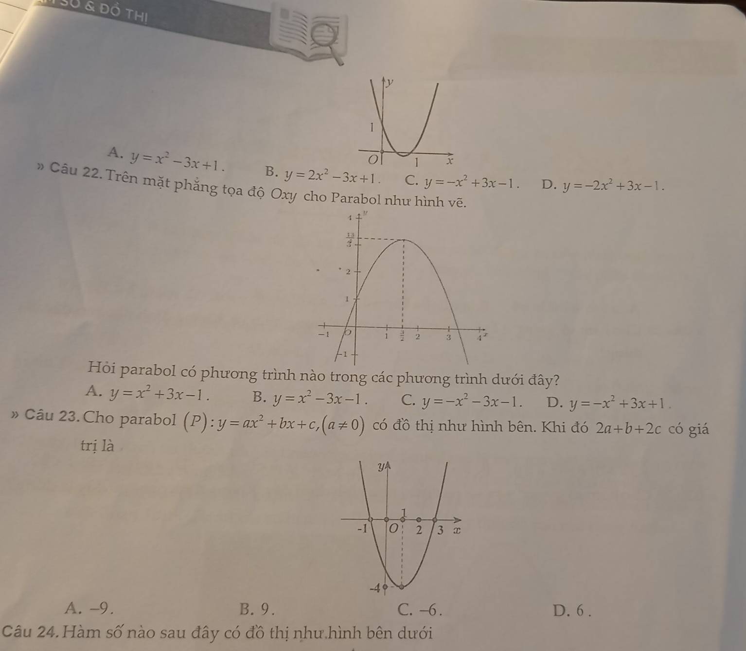 ĐO THI
A. y=x^2-3x+1. B. y=2x^2-3x+1. C. y=-x^2+3x-1. D. y=-2x^2+3x-1.
Câu 22. Trên mặt phẳng tọa độ Oxy cho Parabol như hình vẽ,
Hỏi parabol có phương trình nào trong các phương trình dưới đây?
A. y=x^2+3x-1. B. y=x^2-3x-1. C. y=-x^2-3x-1. D. y=-x^2+3x+1.
» Câu 23. Cho parabol (P):y=ax^2+bx+c,(a!= 0) có đồ thị như hình bên. Khi đó 2a+b+2c có giá
trị là
A. -9. B. 9. C. -6 . D. 6 .
Câu 24. Hàm số nào sau đây có đồ thị như hình bên dưới