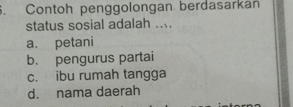 Contoh penggolongan berdasarkan
status sosial adalah ....
a. petani
b. pengurus partai
c. ibu rumah tangga
d. nama daerah