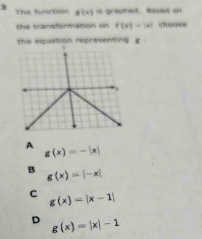 The function g(x) is graphed. Based on
the tranisformation on f(x)=|x| chaose
the equation representing x
A g(x)=-|x|
B g(x)=|-x|
C g(x)=|x-1|
D g(x)=|x|-1