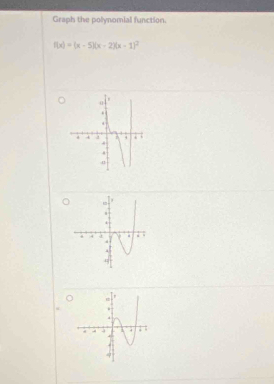 Graph the polynomial function.
f(x)=(x-5)(x-2)(x-1)^2