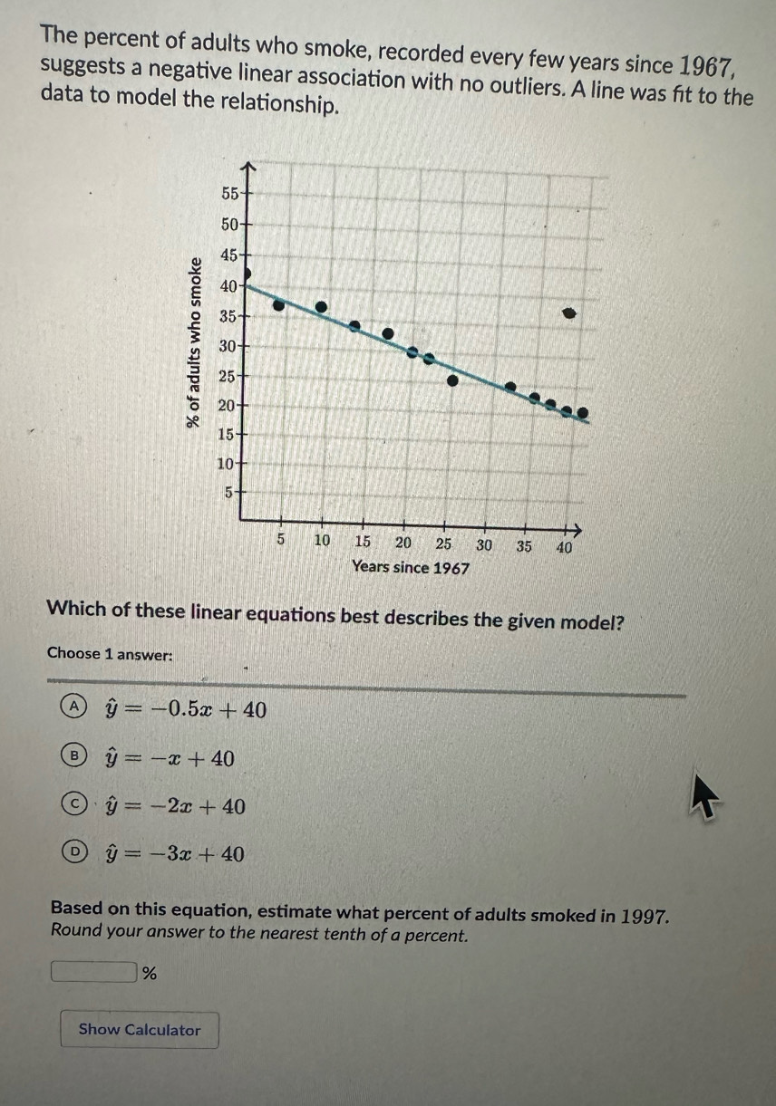 The percent of adults who smoke, recorded every few years since 1967,
suggests a negative linear association with no outliers. A line was ft to the
data to model the relationship.
;
Which of these linear equations best describes the given model?
Choose 1 answer:
(A hat y=-0.5x+40
B hat y=-x+40
hat y=-2x+40
D hat y=-3x+40
Based on this equation, estimate what percent of adults smoked in 1997.
Round your answer to the nearest tenth of a percent.
□ %
Show Calculator