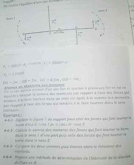 Support :
ilibre d'une tige homlogele
Hil é
: le
ς
F_3=500N;F_2=600N,F_1=2000N et
F_4=1200N
OA=2m;OB=2m;OC=0,5m;OD=1m;
Enonce du théoreme des moments
Un sélide mobile autour d'un axe fixe et soumis à plusieurs forces est en
équilibre lorsque la somme des moments par rapport à l'axe des forces qui
tendent à le faire tourner dans un sens est égale à la somme des moments
par rapport à l'axe des forces qui tendent à le faire tourner dans le sens
contraire.
Consigne:
4-6-1- Exploite la figure 7 du support pour citer les forces qui font tourner la
barre dans lo sens 1 pus cans le sens 2.
4-6-2- Calcule la somie des moments des forces qui font tourner la barre
dans le sens 1 d'une part puis celle des forces qui font tourner ia
barre dans le sens 2.
4-6-3- Compare les deux sommes puis énonce alors le théorème des
moments.
4-6-4- Propose une méthode de détermination de l'intensité de la réaction
de l'axe en 0