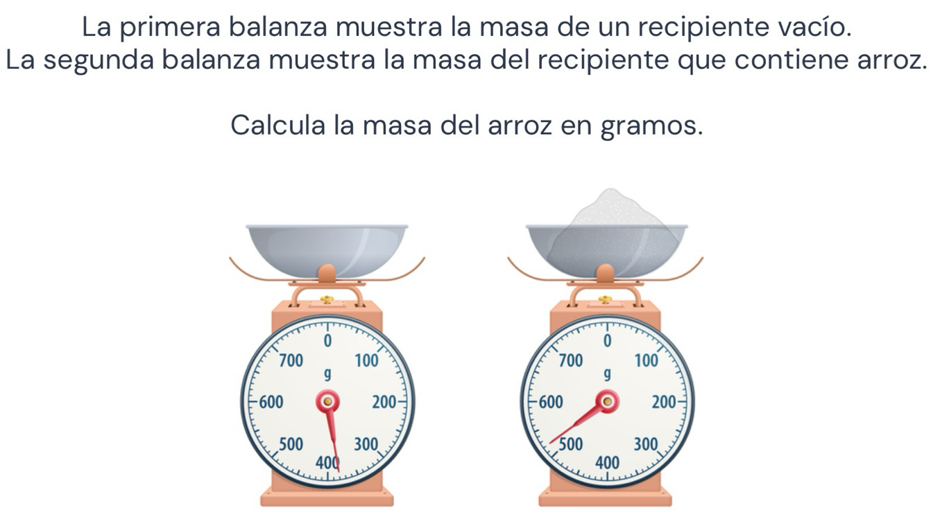 La primera balanza muestra la masa de un recipiente vacío. 
La segunda balanza muestra la masa del recipiente que contiene arroz. 
Calcula la masa del arroz en gramos.
0
700 100
g
-600 200
500 300
400