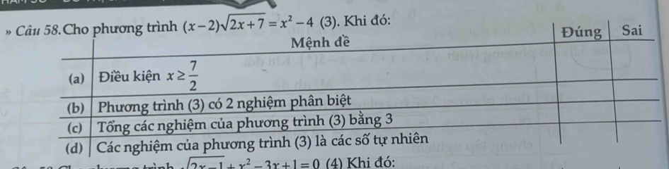 » (x-2)sqrt(2x+7)=x^2-4 (3). ). Khi đó:
sqrt(2x-1)+x^2-3x+1=0 (4) Khi đó: