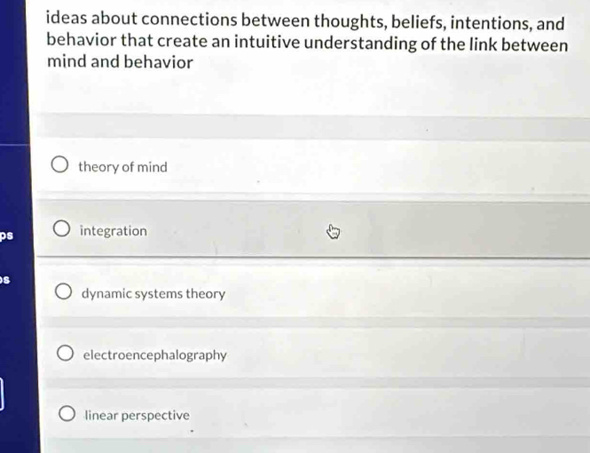 ideas about connections between thoughts, beliefs, intentions, and
behavior that create an intuitive understanding of the link between
mind and behavior
theory of mind
ps integration
S
dynamic systems theory
electroencephalography
linear perspective