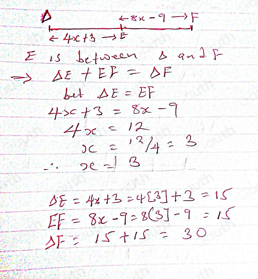 Solved: Question 1) E is the midpoint of overline DF. DE=4x+3 and EF=8x ...