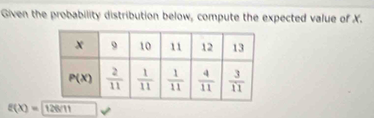 Given the probability distribution below, compute the expected value of X.
g(x)= 1 11