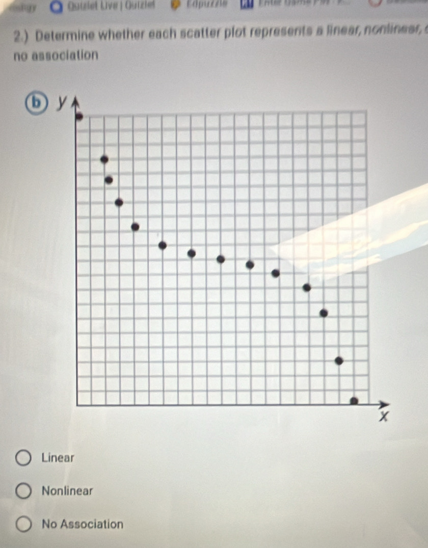 configry Quulet Lve | Qürzlet Edpuone
2.) Determine whether each scatter plot represents a linear, nonlineer, 
no association
b y
X
Linear
Nonlinear
No Association