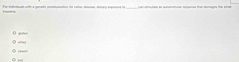 For Individuals with a genetic predisposition for celiac disease, dietary exposure to _can stimulate an autoimmune response that damages the small
intestine
gluten
whey
casein
soy