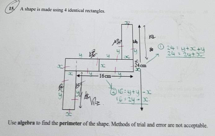 Solved: A shape is made using 4 identical rectangles. Use algebra to ...