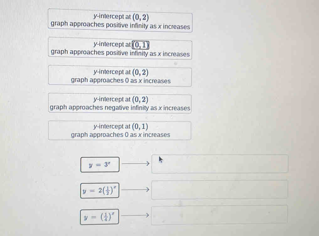 y-intercept at (0,2)
graph approaches positive infinity as x increases
y-intercept at (0,1)
graph approaches positive infinity as x increases
y-intercept at (0,2)
graph approaches 0 as x increases
y-intercept at (0,2)
graph approaches negative infinity as x increases
y-intercept at (0,1)
graph approaches 0 as x increases
y=3^x
y=2( 1/2 )^x
y=( 1/4 )^x