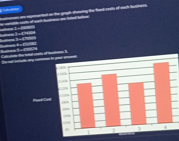 Colmlster 
sinesses are represented on the graph showing the fixed costs of each business. 
he variable casts of each business are listed below: 
lusiness 1 = £60613
:2=5.43
73=57.53
2 34=43cm
2'prime =3'prime =5'prime  
Colculate the total costs of business 3. 
Do not include any commas 
Fixed Cos