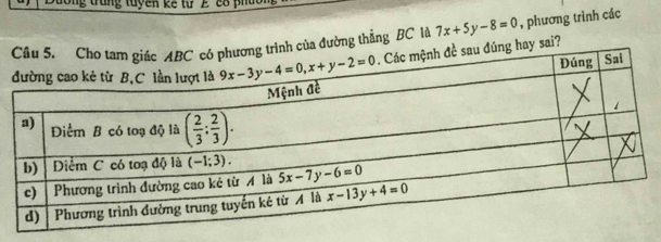 ng  tuyên kế từ E có h
ờng thẳng BC lài? 7x+5y-8=0 , phương trình các