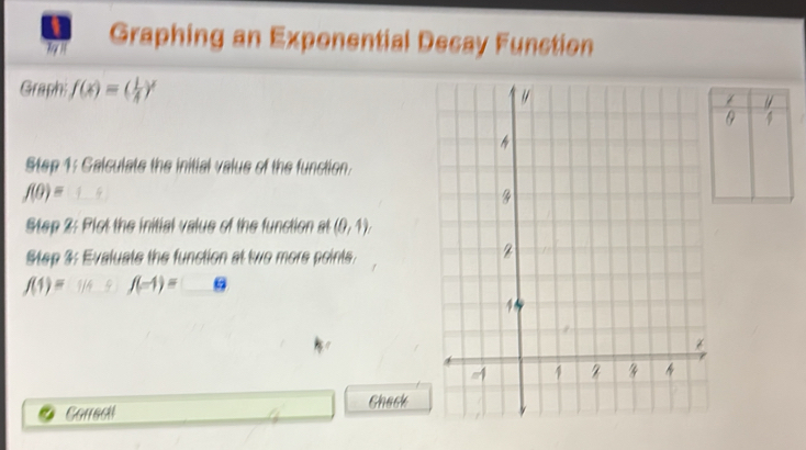 Graphing an Exponential Desay Function 
Graph: f(x)=( 1/4 )^x
a 
a 
Step 1: Galculate the initial value of the function.
f(0)= 1_ 4
Step 2: Plot the initial value of the function at (0,4). 
Step 3: Evaluate the function at two more points.
f(1)=_ 1/4; f(-1)=_ 8
Carreall Chack