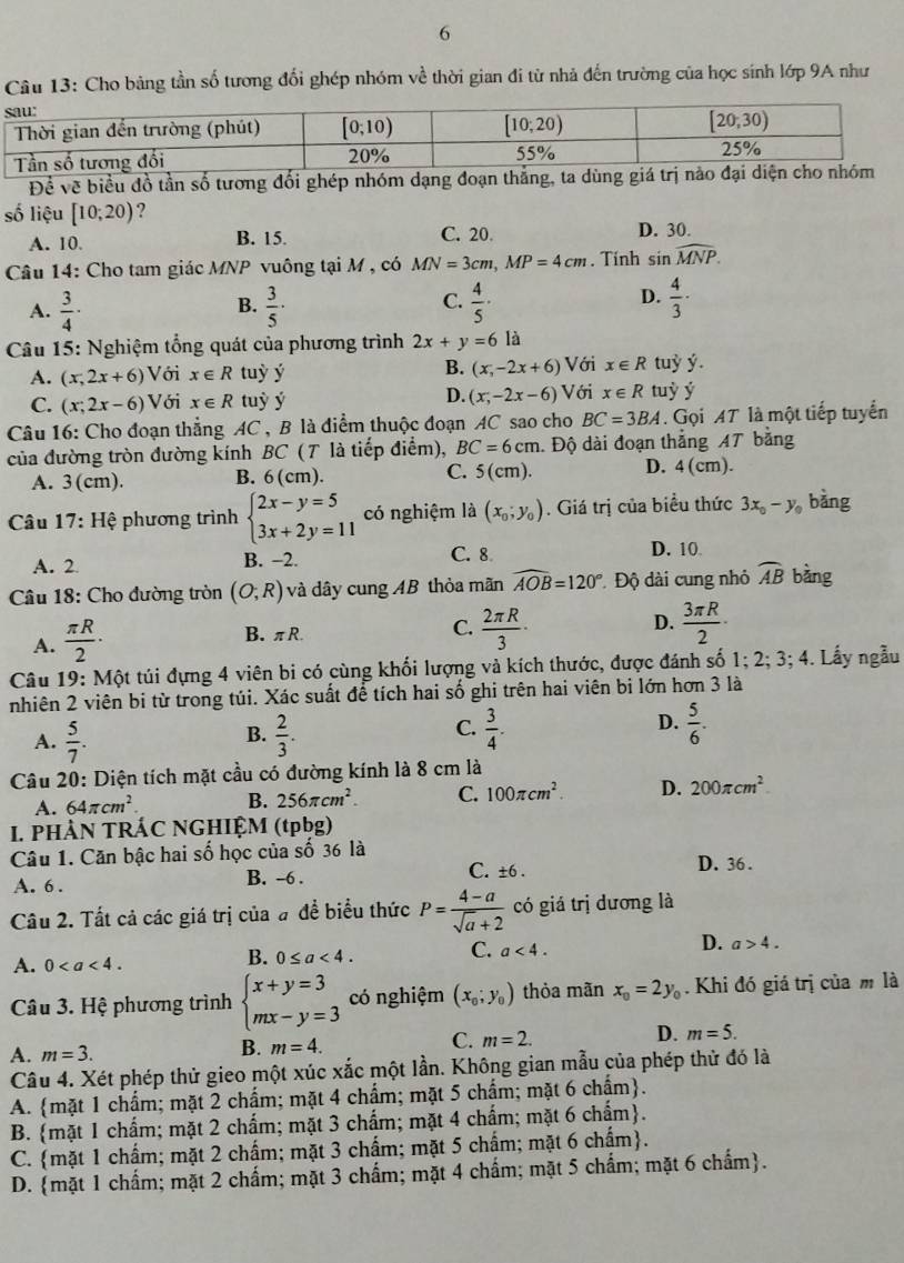 Cho bảng tần số tương đối ghép nhóm về thời gian đi từ nhà đến trường của học sinh lớp 9A như
Đề về biểu đồ tần số tương đổi ghép nhóm dạng đoạn thắng, ta dùng
số liệu [10;20) ?
A. 10. B. 15. C. 20. D. 30.
Câu 14: Cho tam giác MNP vuông tại M , có MN=3cm,MP=4cm. Tính sin widehat MNP.
D.
A.  3/4 ·  3/5 ·  4/5 ·  4/3 ·
B.
C.
* Câu 15: Nghiệm tổng quát của phương trình 2x+y=6 là
B.
A. (x,2x+6) Với x∈ R tuỳ ý (x,-2x+6) Với x∈ R tuỳ ý.
D.
C. (x;2x-6) Với x∈ R tuỳ ý (x;-2x-6) Với x∈ R tuỳ ý
Câu 16: Cho đoạn thẳng AC , B là điểm thuộc đoạn AC sao cho BC=3BA GọiAT là một tiếp tuyển
của đường tròn đường kính BC ( T là tiếp điểm), BC=6cm. Độ dài đoạn thắng A7 bằng
A. 3(cm). B. 6(cm). C. 5(cm). D. 4 (cm).
* Câu 17: Hệ phương trình beginarrayl 2x-y=5 3x+2y=11endarray. có nghiệm là (x_0;y_0). Giá trị của biểu thức 3x_0-y_0 bàng
A. 2 B. −2. C. 8
D. 10.
Câu 18: Cho đường tròn (O;R) và dây cung AB thỏa mãn widehat AOB=120° Độ dài cung nhỏ widehat AB bàng
A.  π R/2 ·
B. πR
C.  2π R/3 ·  3π R/2 ·
D.
Câu 19: Một túi đựng 4 viên bi có cùng khối lượng và kích thước, được đánh số 1; 2; 3; 4. Lấy ngẫu
nhiên 2 viên bi từ trong túi. Xác suất để tích hai số ghi trên hai viên bi lớn hơn 3 là
C.
D.
A.  5/7 .  2/3 .  3/4 .  5/6 .
B.
Câu 20: Diện tích mặt cầu có đường kính là 8 cm là
A. 64π cm^2. B. 256π cm^2. C. 100π cm^2. D. 200π cm^2.
I. PHÀN TRÁC NGHIỆM (tpbg)
Câu 1. Căn bậc hai số học của số 36 là
C. ±6 .
A. 6 . B. -6 . D. 36 .
Câu 2. Tất cả các giá trị của # đề biểu thức P= (4-a)/sqrt(a)+2  có giá trị dương là
C. a<4.
D. a>4.
A. 0
B. 0≤ a<4.
Câu 3. Hệ phương trình beginarrayl x+y=3 mx-y=3endarray. có nghiệm (x_0;y_0) thỏa mãn x_0=2y_0. Khi đó giá trị của m là
A. m=3. B. m=4. C. m=2. D. m=5.
Câu 4. Xét phép thử gieo một xúc xắc một lần. Không gian mẫu của phép thử đó là
A. mặt 1 chấm; mặt 2 chấm; mặt 4 chẩm; mặt 5 chấm; mặt 6 chẩm.
B. mặt 1 chẩm; mặt 2 chấm; mặt 3 chẩm; mặt 4 chấm; mặt 6 chấm.
C. mặt 1 chấm; mặt 2 chấm; mặt 3 chấm; mặt 5 chẩm; mặt 6 chấm.
D. mặt 1 chấm; mặt 2 chấm; mặt 3 chẩm; mặt 4 chẩm; mặt 5 chẩm; mặt 6 chẩm.