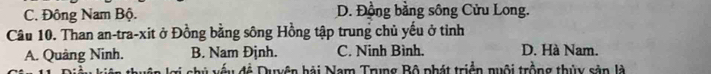 C. Đông Nam Bộ. D. Đồng bằng sông Cửu Long.
Câu 10. Than an-tra-xit ở Đồng bằng sông Hồng tập trung chủ yếu ở tỉnh
A. Quảng Ninh. B. Nam Định. C. Ninh Bình. D. Hà Nam.
Nều đề Duyên hài Nam Trung Bộ phát triển nuôi trồng thùy sản là