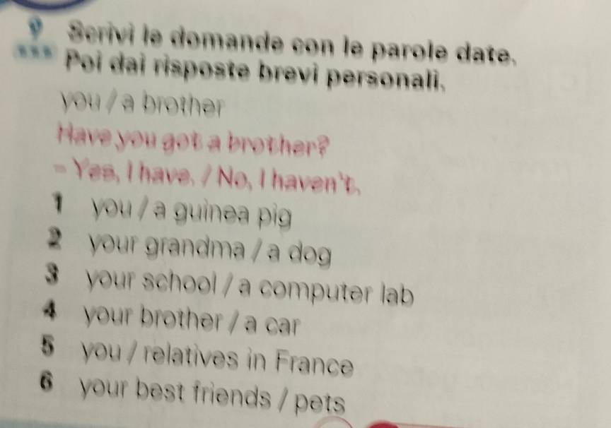 Scrivi le domande con le parole date. 
*** Poi dai risposte brevi personali. 
you / a brother 
Have you got a brother? 
- Yes, I have. / No, I haven't. 
you / a guinea pig 
2 your grandma / a dog 
3 your school / a computer lab 
4 your brother / a car 
5 you / relatives in France 
6 your best friends / pets