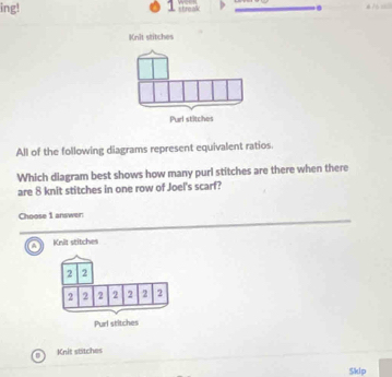 ing! 12_ > .
Knit stitches
All of the following diagrams represent equivalent ratios.
Which diagram best shows how many purl stitches are there when there
are 8 knit stitches in one row of Joel's scarf?
Choose 1 answer:
Knit stitches
Knit stitches
Sklp