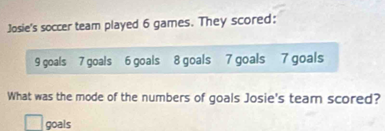 Josie's soccer team played 6 games. They scored: 
What was the mode of the numbers of goals Josie's team scored? 
goals