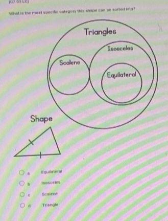 (07 03 LC)
What is the most specific category this shape can be sorted into?
Sh
Equilateral
b Isosceles
Scatene
d Triangle