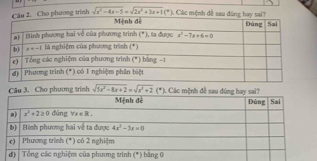 ương trình sqrt(x^2-4x-5)=sqrt(2x^2+3x+1)(*). Các mệ
Câu 3. Cho phương trình sqrt(5x^2-8x+2)=sqrt(x^2+2)(*). Các mệnh đề sau đún