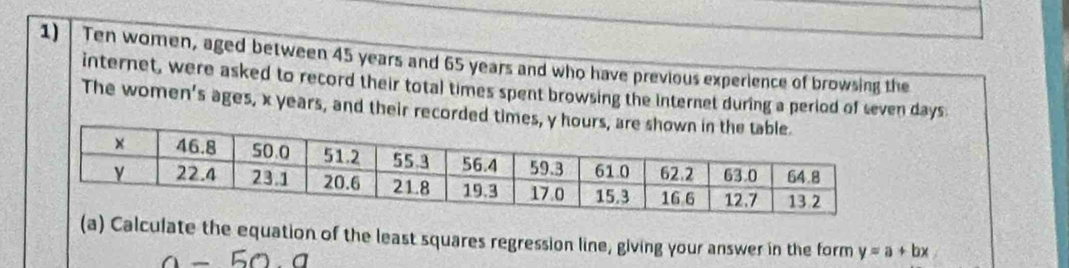 Ten women, aged between 45 years and 65 years and who have previous experience of browsing the 
internet, were asked to record their total times spent browsing the internet during a period of seven days 
The women's ages, x years, and their recorded tim 
(a) Calculate the equation of the least squares regression line, giving your answer in the form y=a+bx