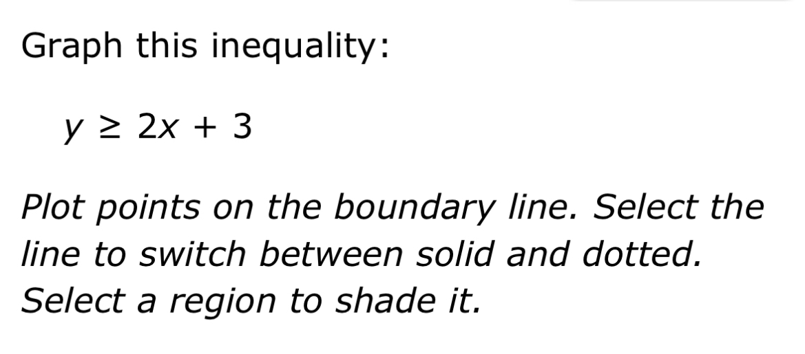 Graph this inequality:
y≥ 2x+3
Plot points on the boundary line. Select the 
line to switch between solid and dotted. 
Select a region to shade it.